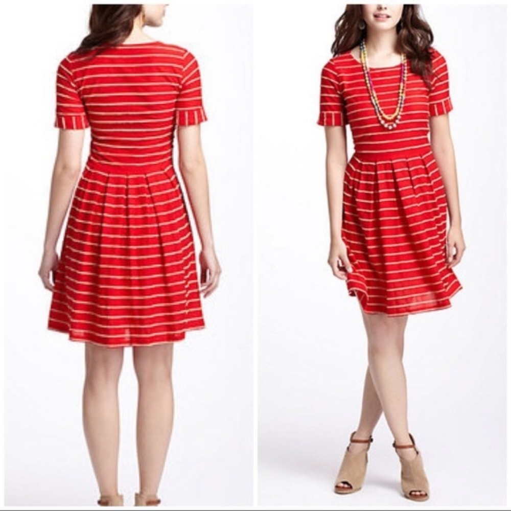 Antri Bordeaux Scalloped Stripes Dress
